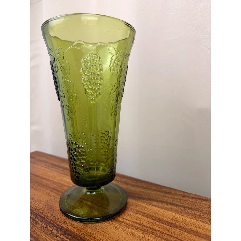 Vintage Avocado Green Indiana Glass Grape Harvest Footed Vase Mid Century 8.25in